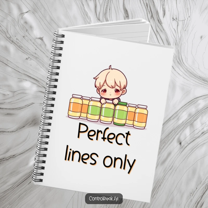 Funny Notebook: Character humorously adjusting a perfectly aligned row of writing tools, a witty journal for note-taking.