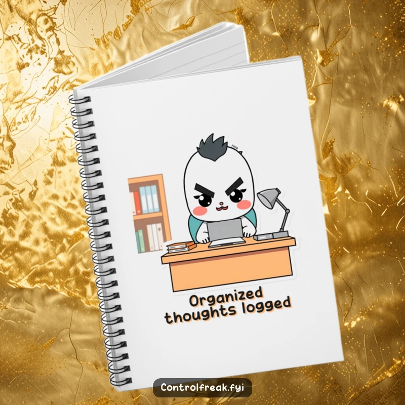 Funny character notebook with a cover design of a character looking stern but happy, overseeing a tidy desk, a humorous and functional stationery item.
