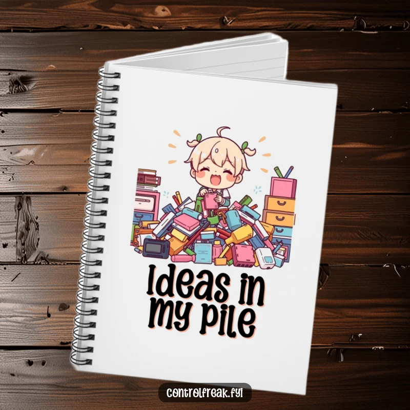 Funny Notebook: Character organizing a chaotic pile of papers, a humorous companion for note-taking and brainstorming.
