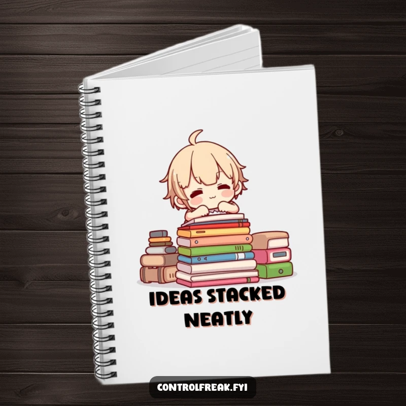 Funny notebook with a character stacking items, inspiring organized note-taking, perfect for students and professionals.