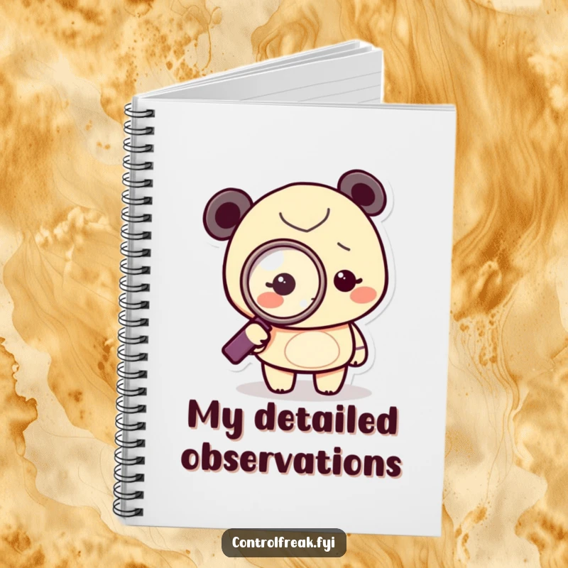 Funny Notebook cover with a tiny character using a magnifying glass to obsessively point at a dot, encouraging detailed note-taking.