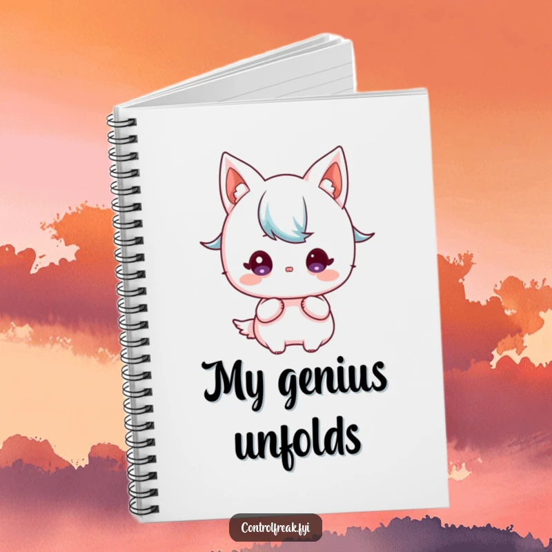 Funny Kawaii character notebook, focused gaze on a detailed blueprint, for planning and note-taking.