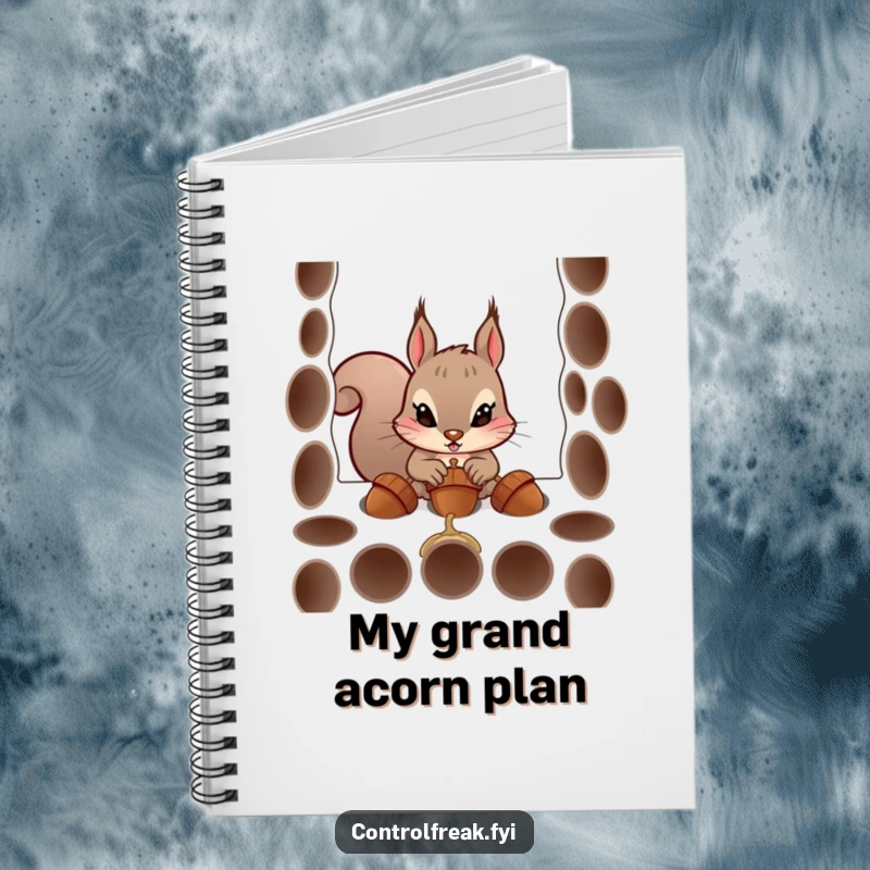 Funny notebook with a determined squirrel character humorously trying to fit acorns into perfect holes, perfect for notes and to-do lists.
