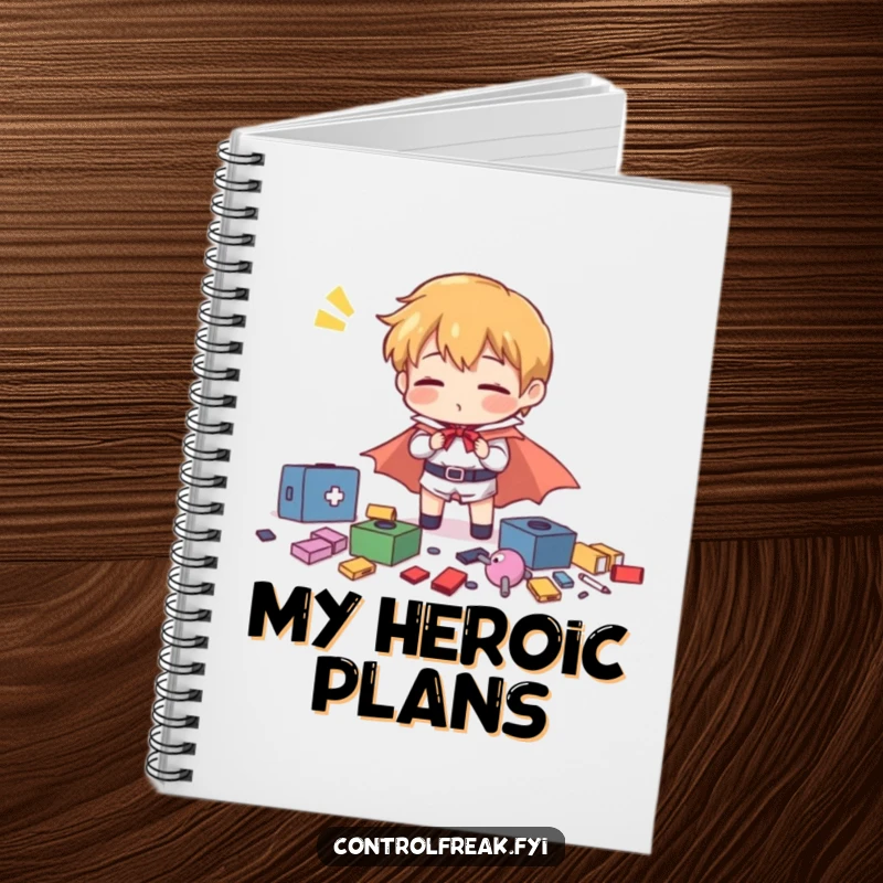 Funny character in a tiny cape comically organizing scattered items with exaggerated effort, on the cover of a notebook.
