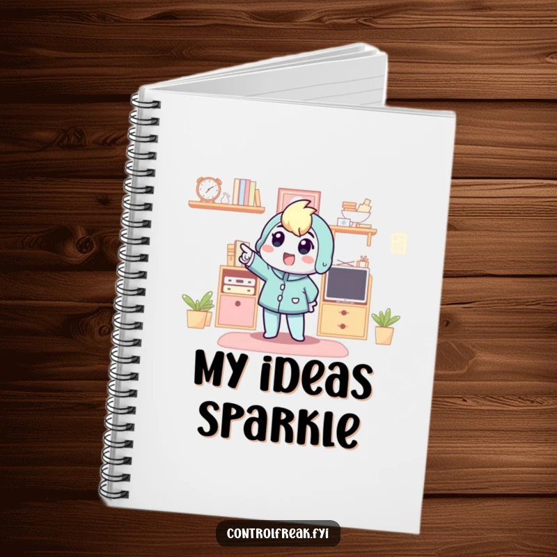 Funny notebook with a character pointing at an organized space, inspiring excited planning, perfect for enthusiastic note-takers.