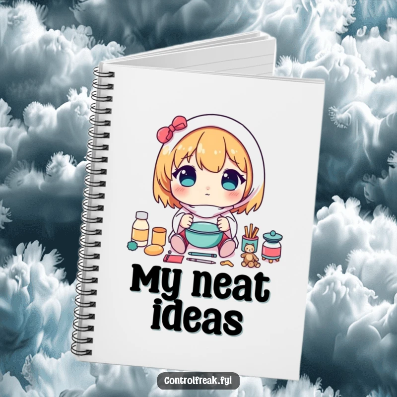Funny notebook with a kawaii character carefully arranging items in a perfectly symmetrical pattern, perfect for neat journaling.