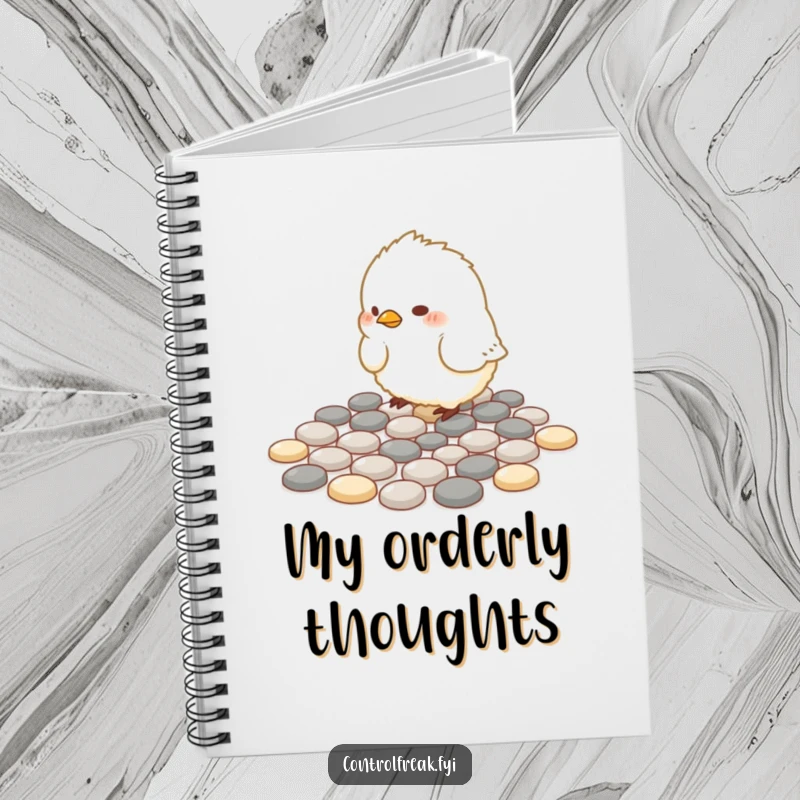 Funny Notebook: A small, fluffy bird meticulously arranges pebbles into perfect geometric patterns, inspiring notes.