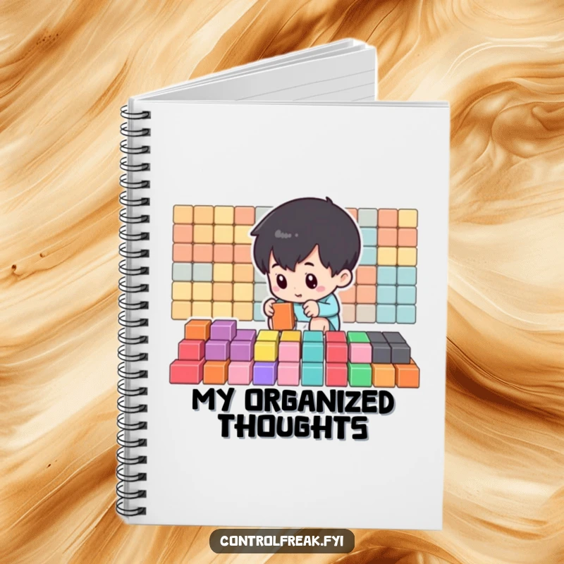 Funny Notebook cover with a small character intently organizing colorful blocks into perfect rows, encouraging structured note-taking.