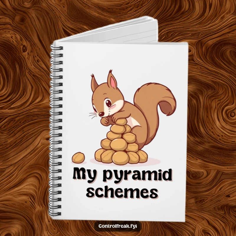 Funny squirrel notebook showing a squirrel stacking nuts in a perfect pyramid, ideal for jotting down organized thoughts.
