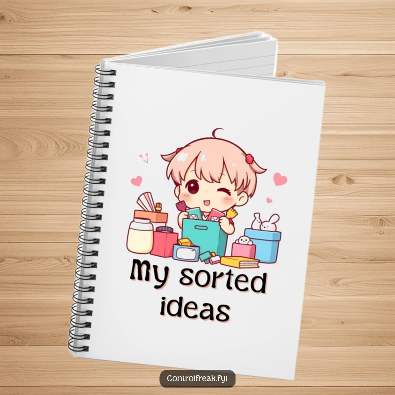 Funny Notebook: Character happily sorting items into neat categories, a humorous journal for organized thoughts.
