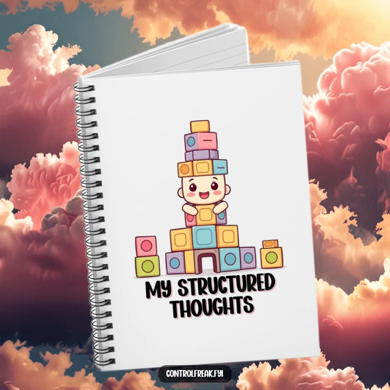 Funny notebook with a happy character building a perfectly symmetrical tower of blocks, ideal for note-taking.