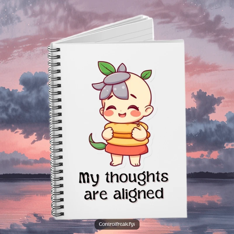 Funny character pleased with a perfectly balanced stack on this notebook, perfect for organized planning.