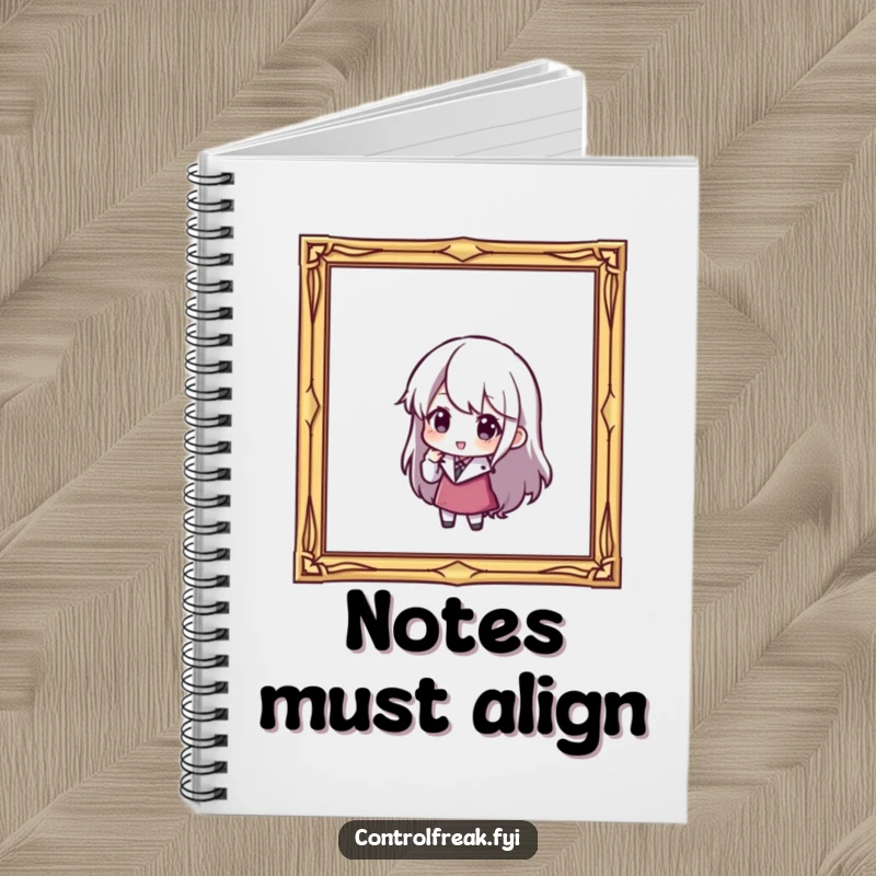 Funny notebook: A character is carefully adjusting a slightly tilted picture frame, emphasizing attention to alignment.