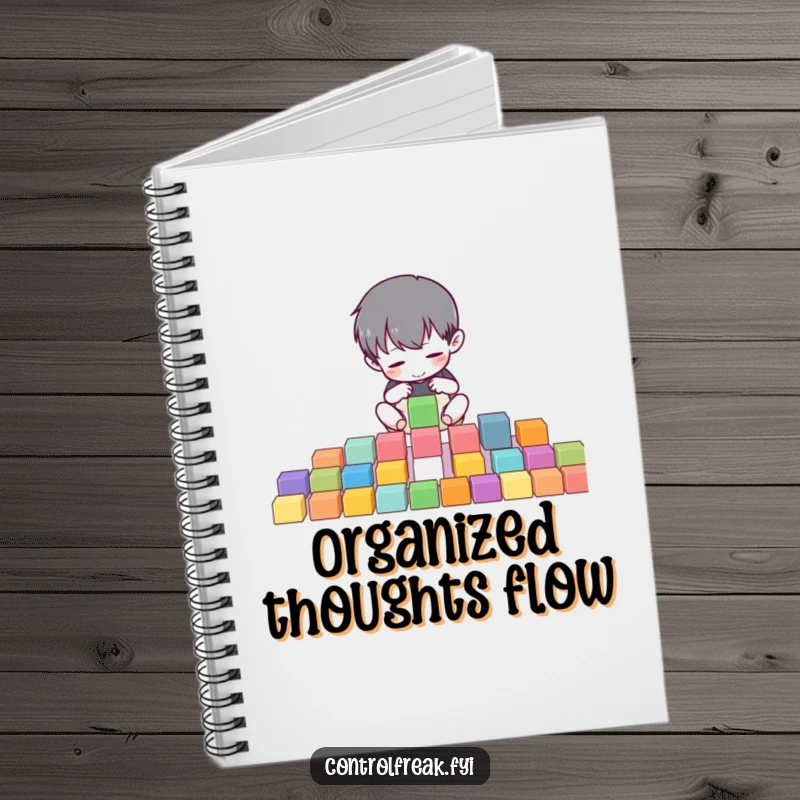 Funny notebook cover featuring a small character intently organizing colorful blocks into perfect rows, ideal for structured notes.