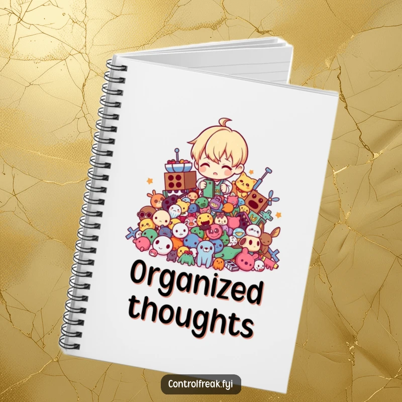 Funny notebook cover with a character tidying a chaotic pile of toys into perfect order, perfect for organized note-taking.