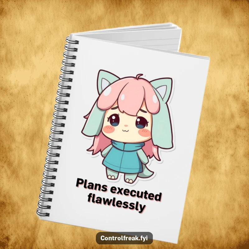 Funny Notebook featuring a character with a satisfied nod, looking at ordered notes, inspiring neatness and thought.