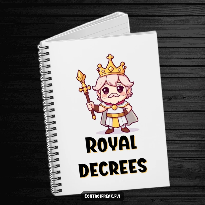 Funny notebook with a character wearing a tiny crown and scepter, striking a proud, regal pose, ideal for humorous note-taking.