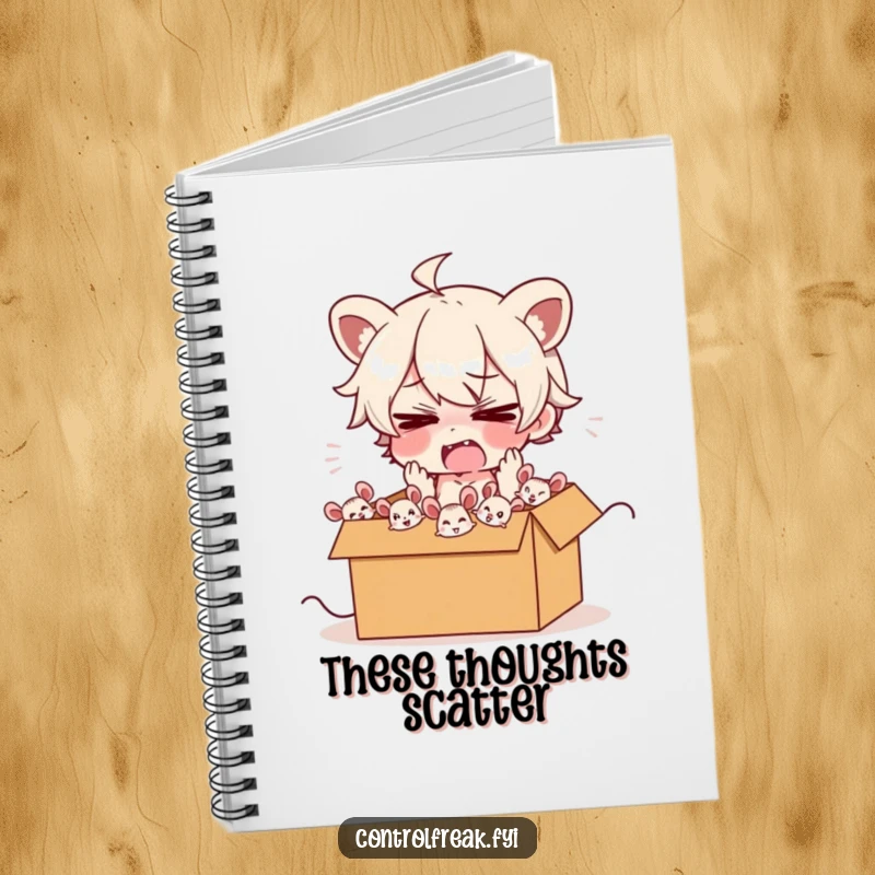 Funny notebook featuring a frazzled character, energetically herding cartoon mice into a box, perfect for jotting down busy thoughts.
