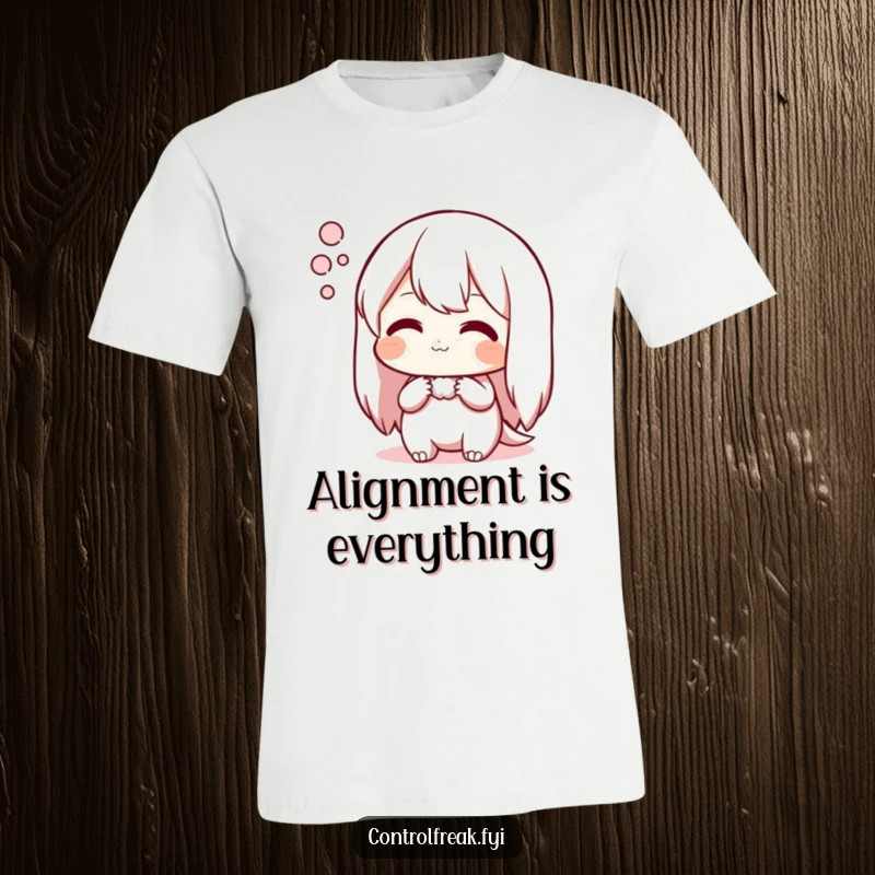 Funny t-shirt depicting a character sighing with satisfaction over a perfect arrangement, highlighting peace and order, ideal present.