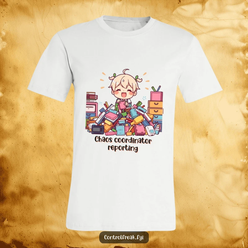Funny T-Shirt: Character joyfully conquering a huge, messy pile of objects, perfect for those who organize with enthusiasm.