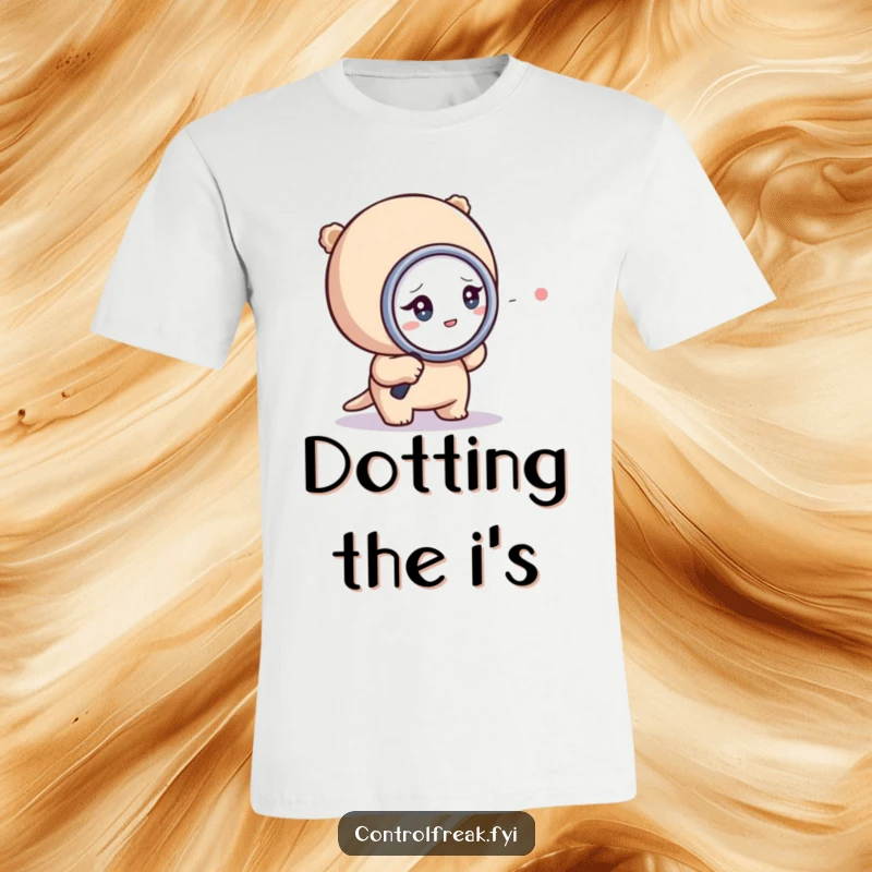 Funny t-shirt depicting a tiny character using a magnifying glass to obsessively inspect a single dot, highlighting meticulousness.