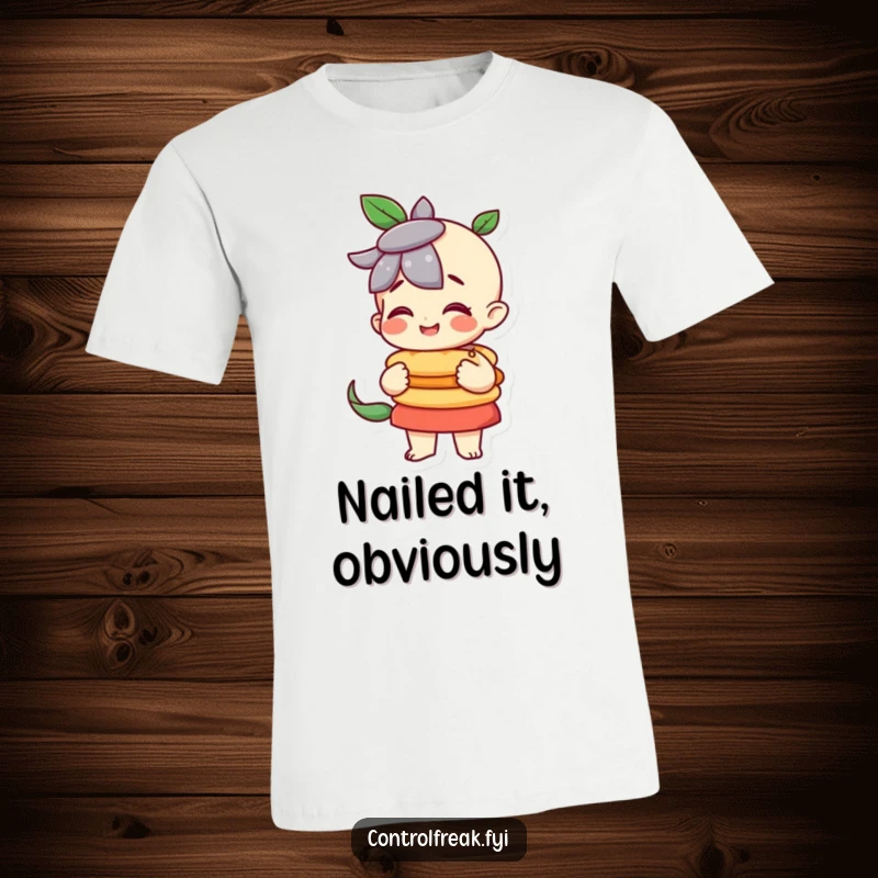 Funny character pleased with a perfectly balanced stack on this t-shirt, a humorous celebration of order.