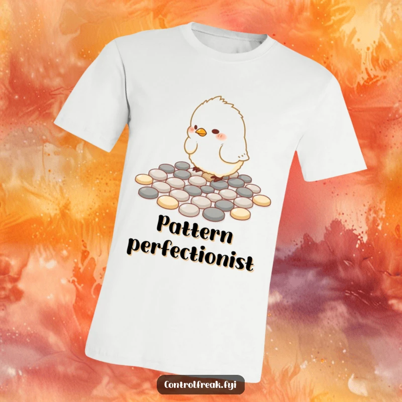 Funny T-Shirt: A small, fluffy bird concentrates on arranging pebbles into precise geometric patterns, looking meticulous.