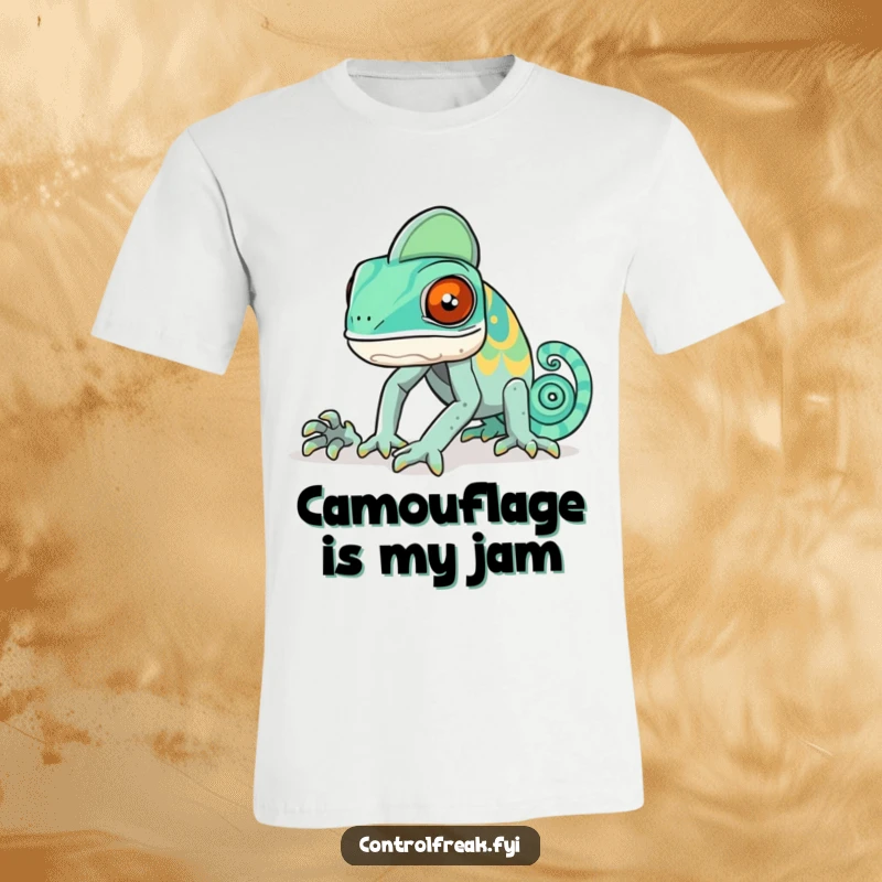 Funny chameleon t-shirt, a chameleon attempting to blend into a complex pattern but failing comically with its colors.
