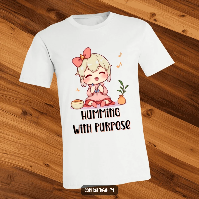 Funny t-shirt featuring a character humming contentedly while efficiently tidying, conveying a sense of peace and order. A humorous and comfortable design.