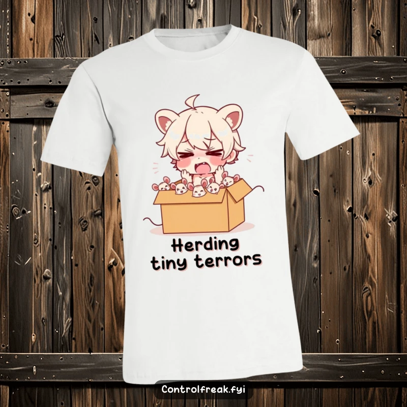 Funny t-shirt depicting a frazzled character trying to herd energetic cartoon mice into a box, showcasing humorous struggle and effort.