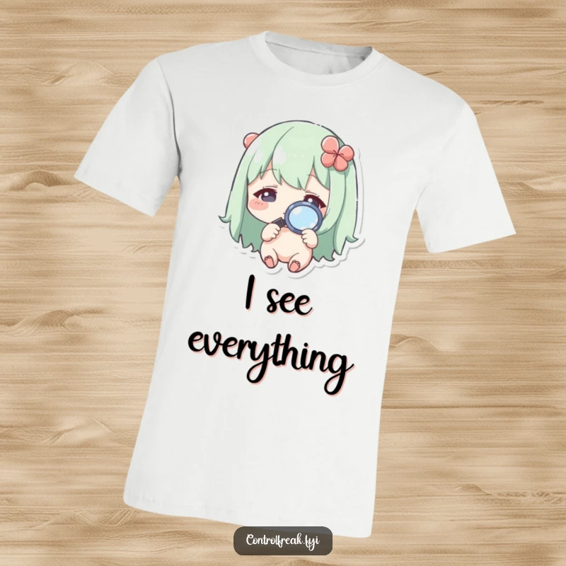 Funny Kawaii character t-shirt, using a magnifying glass to inspect a tiny detail with great focus.
