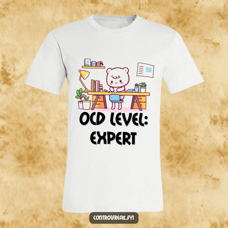 Funny Kawaii character tidying an impeccably clean desk, a humorous tee for those who love order.