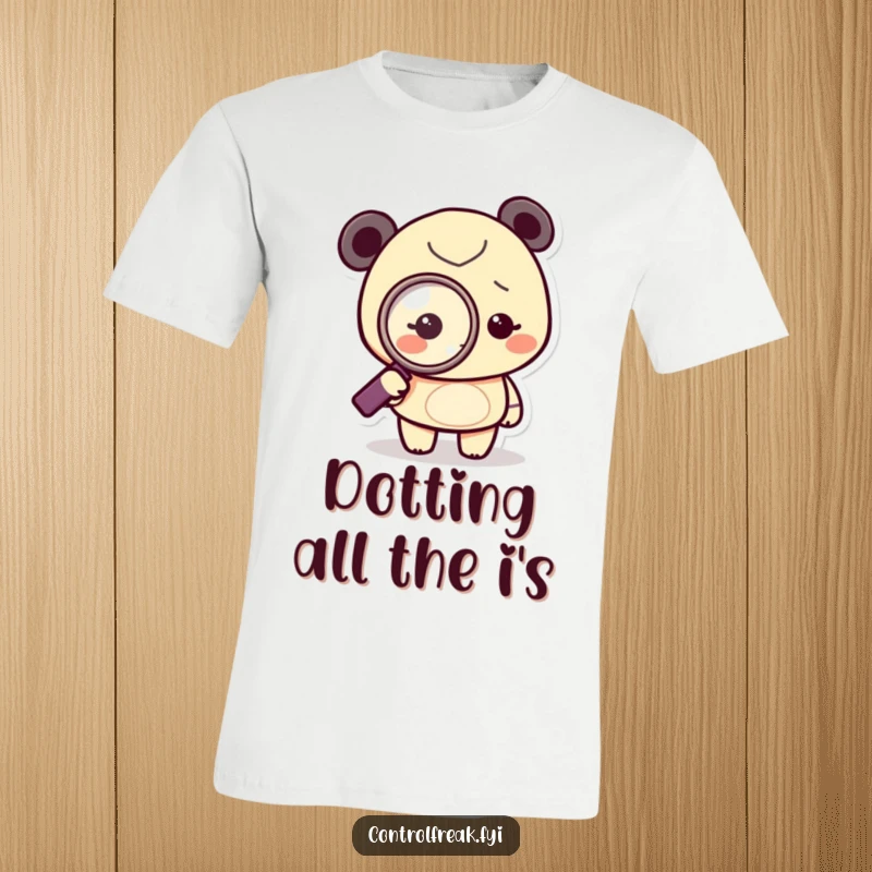 Funny T-Shirt with a tiny character using a magnifying glass to meticulously examine a small dot, conveying intense concentration.