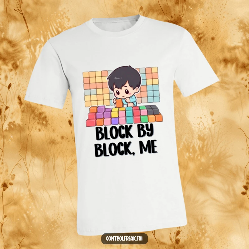 Funny T-Shirt with a small character carefully arranging colorful blocks into perfect rows, showcasing a love for symmetry.