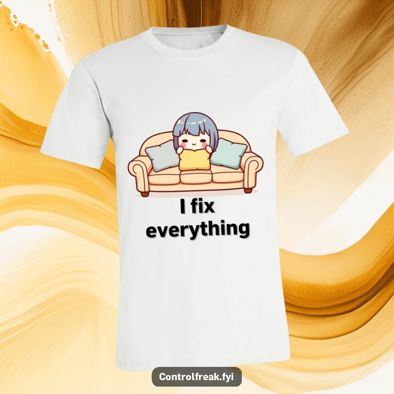 Funny cute character ensuring sofa pillows are perfectly aligned, on a comfortable t-shirt.