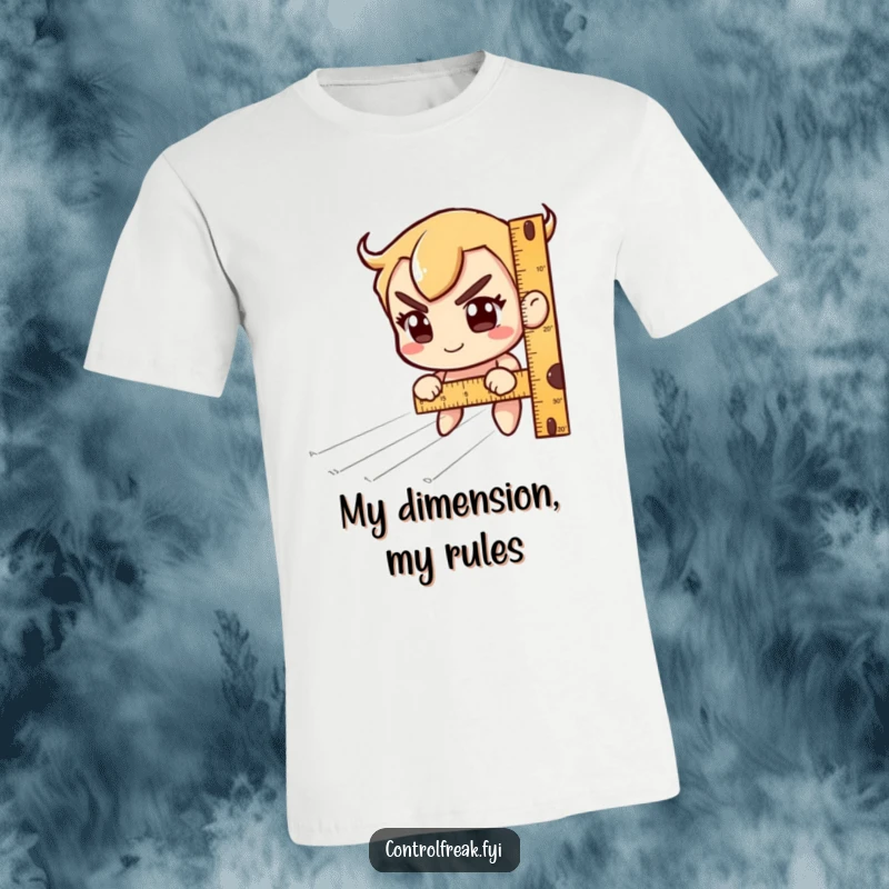 Funny T-Shirt: Character intently uses a ruler to measure unseen lines, beaming with quirky concentration. Hilarious apparel for thinkers.