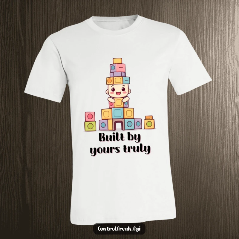Funny t-shirt with a happy character building a perfectly symmetrical tower of blocks, representing order and joy.
