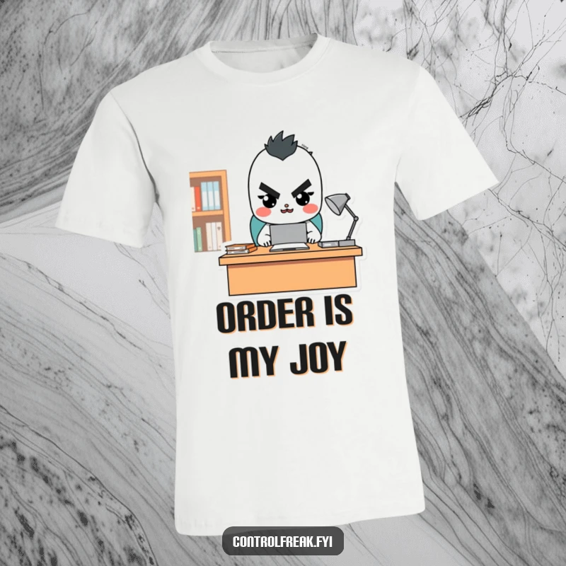 Funny t-shirt showing a character with a stern but happy expression, supervising a perfectly organized desk, ideal for neat freaks with humor.