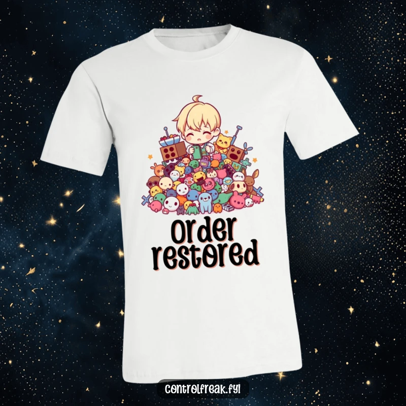 Funny T-shirt with a character tidying a chaotic pile of toys into perfect order, representing neatness and control.