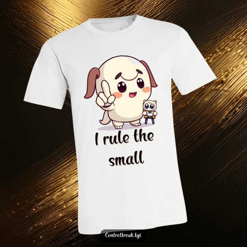 Funny t-shirt showcasing a cartoon character pointing with authority, dramatically commanding a small toy, embodying playful leadership and humorous micromanagement.