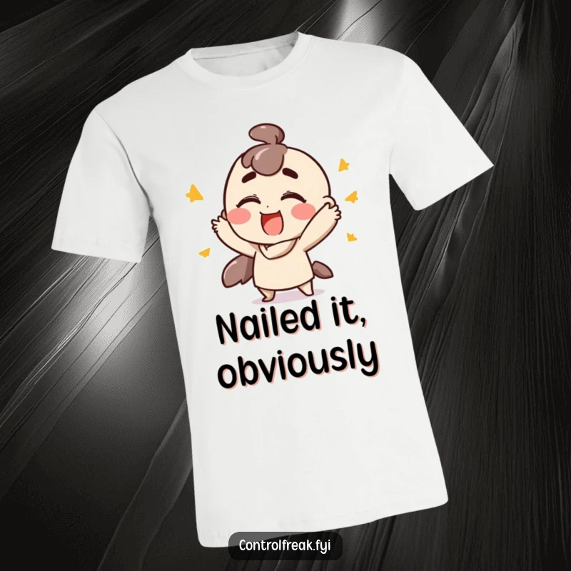 Funny t-shirt showcasing a character making rapid, precise gestures with pure satisfaction, embodying a successful outcome, a humorous and celebratory apparel item.