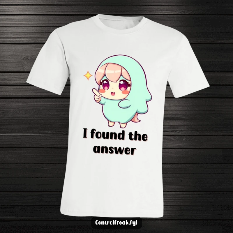 Funny t-shirt featuring a character with a bright, knowing gleam, pointing directly towards an implied perfect solution. A humorous take on intelligence.