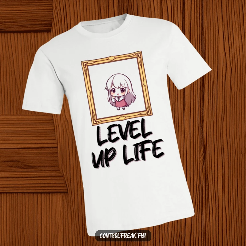 Funny t-shirt: A character is shown with great care adjusting a slightly tilted picture frame to be straight.