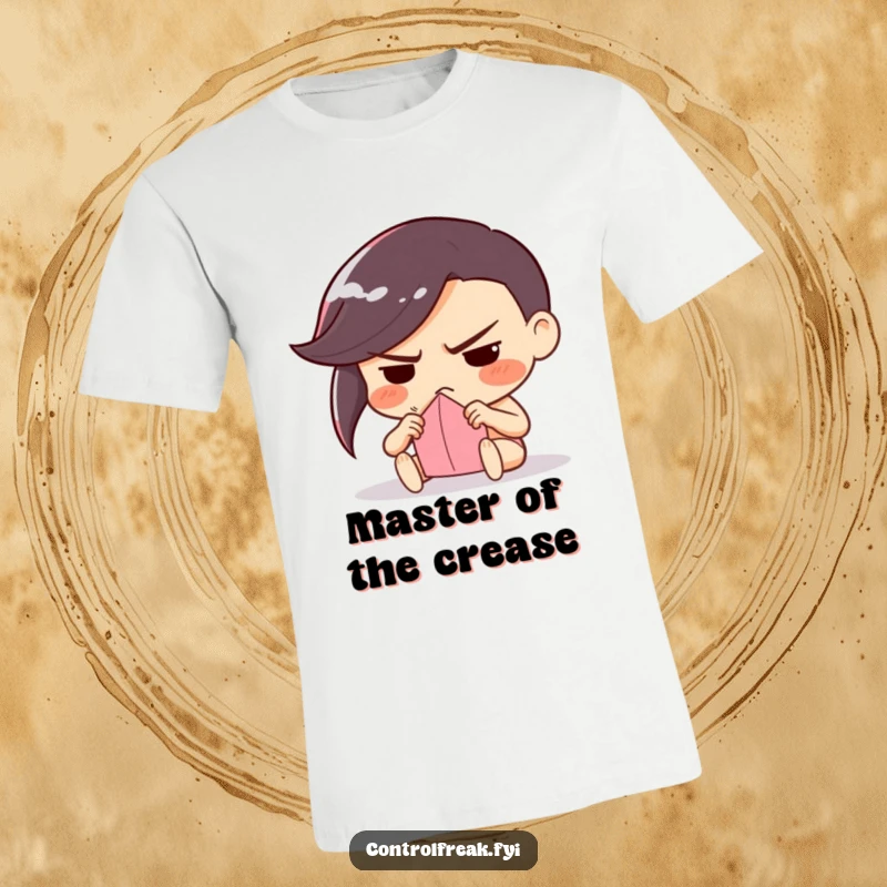 Funny t-shirt depicting a character with a determined frown, meticulously folding a single piece of paper, highlighting precision and craft.