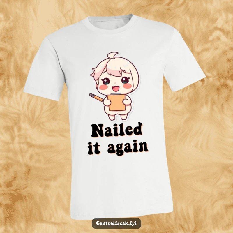 Funny t-shirt with a cheerful cartoon character holding a clipboard and pen, beaming with satisfaction over their well-made plans.