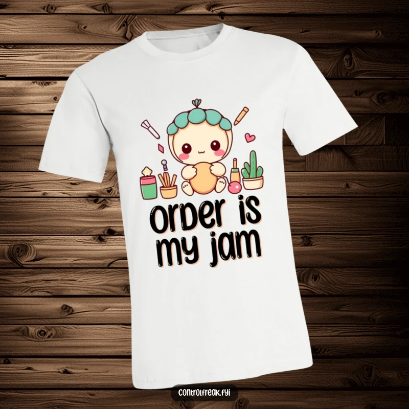 Funny t-shirt with a kawaii character obsessed with creating perfect, straight lines, looking very pleased with their neat arrangement.
