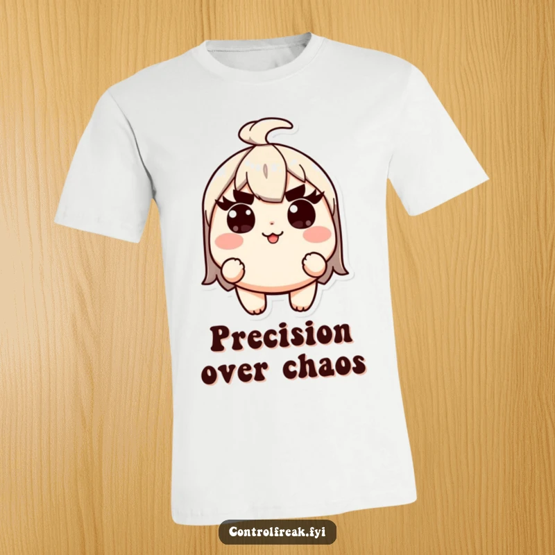Funny Kawaii character t-shirt, with raised eyebrows, conveying intense focus and a demand for precision.