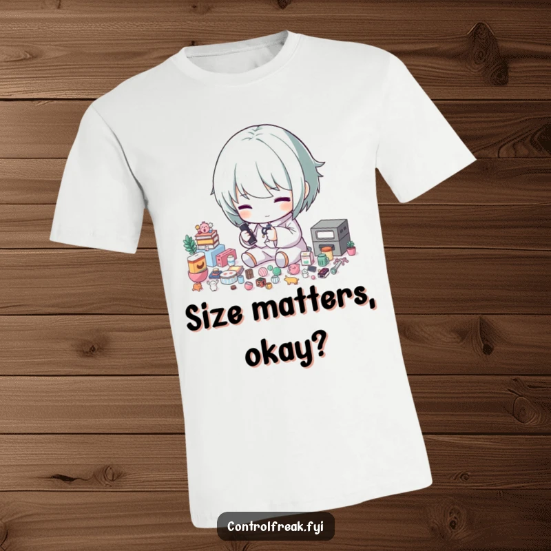 Funny t-shirt: A character is meticulously sorting tiny items by precise size, highlighting extreme attention to detail.
