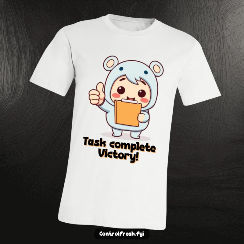 Funny T-Shirt: A character with a clipboard beams with joy, giving an exaggerated thumbs-up for completing a small job. Hilarious motivational apparel.