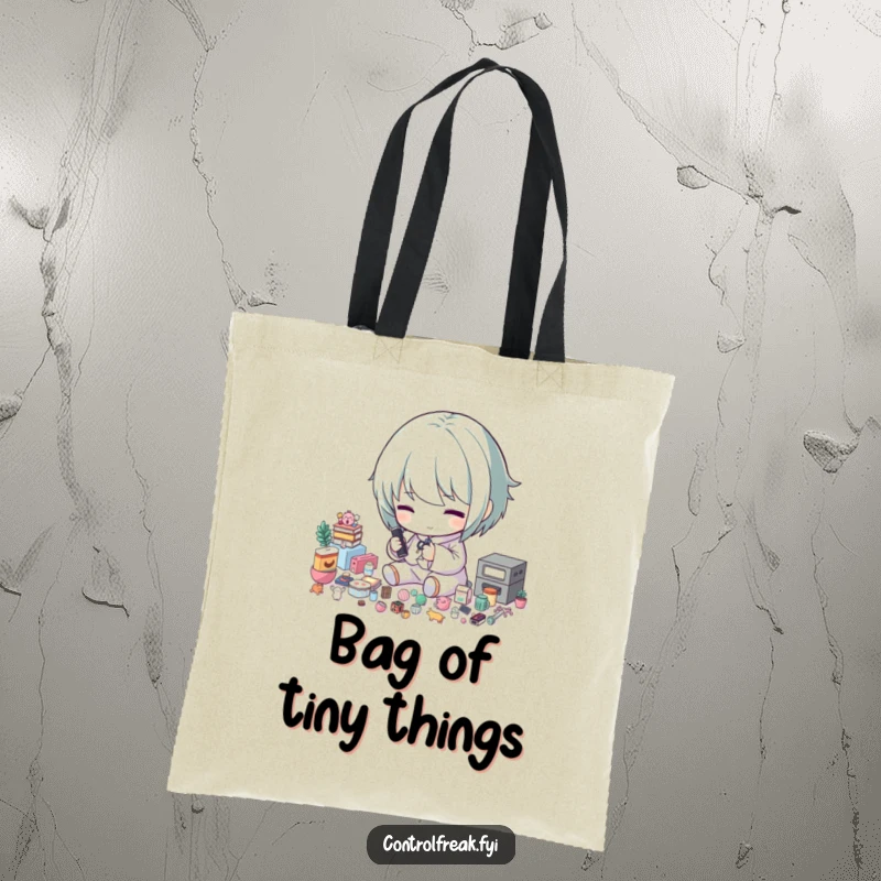 Funny tote bag: A character is shown meticulously sorting tiny items by precise size, embodying extreme organizational skills.